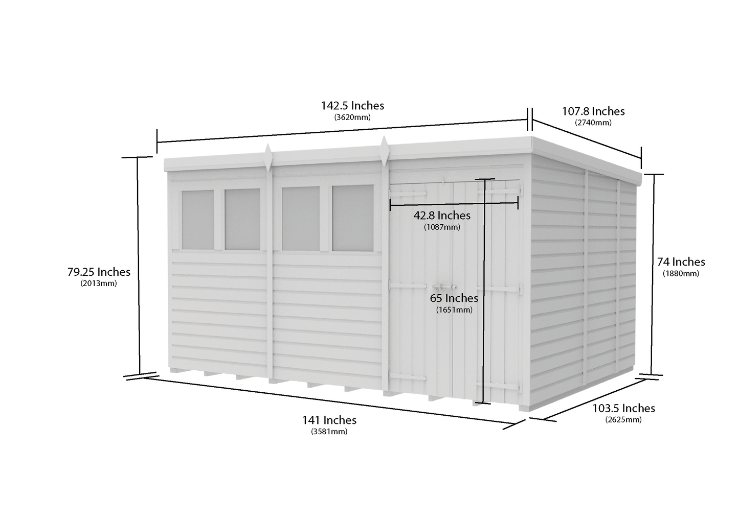 12 x 9 Pent Shed (Double Door, With Windows) - view 6