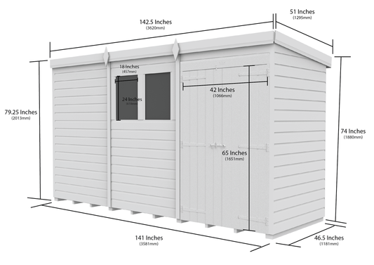 12 x 4 Pent Shed (Double Door, With Windows) - view 2
