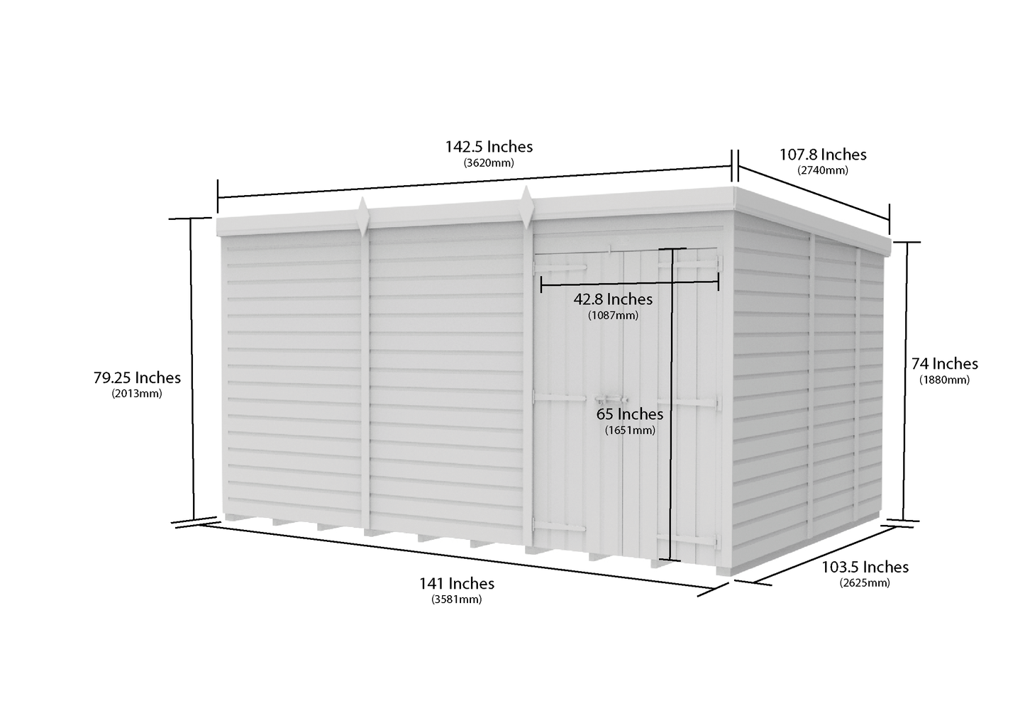 12 x 9 Pent Shed (Double Door, No Windows) - view 6