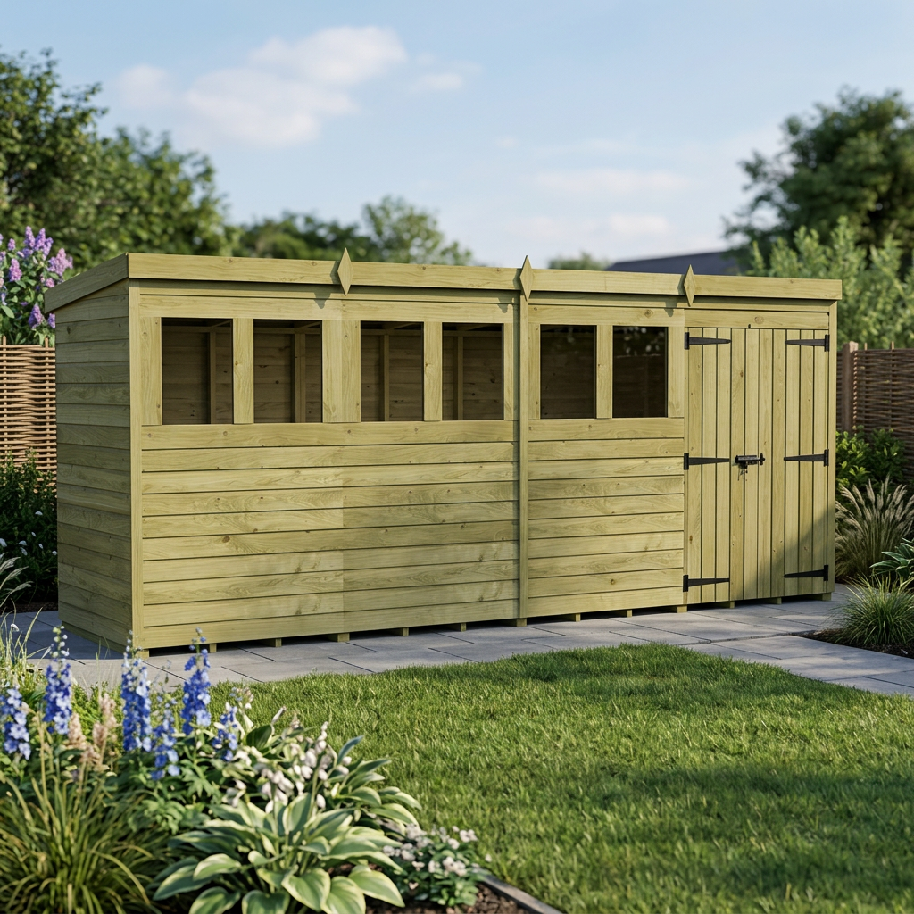 16 x 4 Pent Shed (Double Door, With Windows) - view 6
