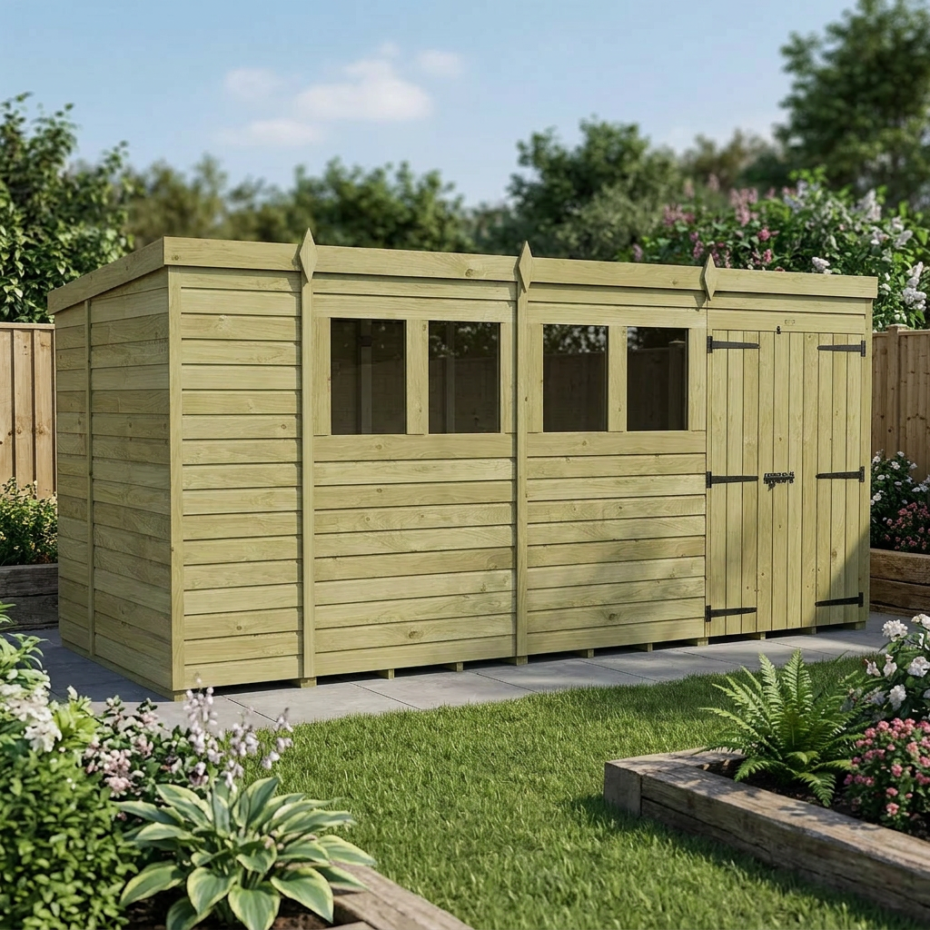 15 x 5 Pent Shed (Double Door, With Windows) - view 6