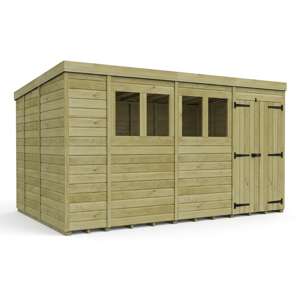 14 x 9 Pent Shed (Double Door, With Windows) - view 6
