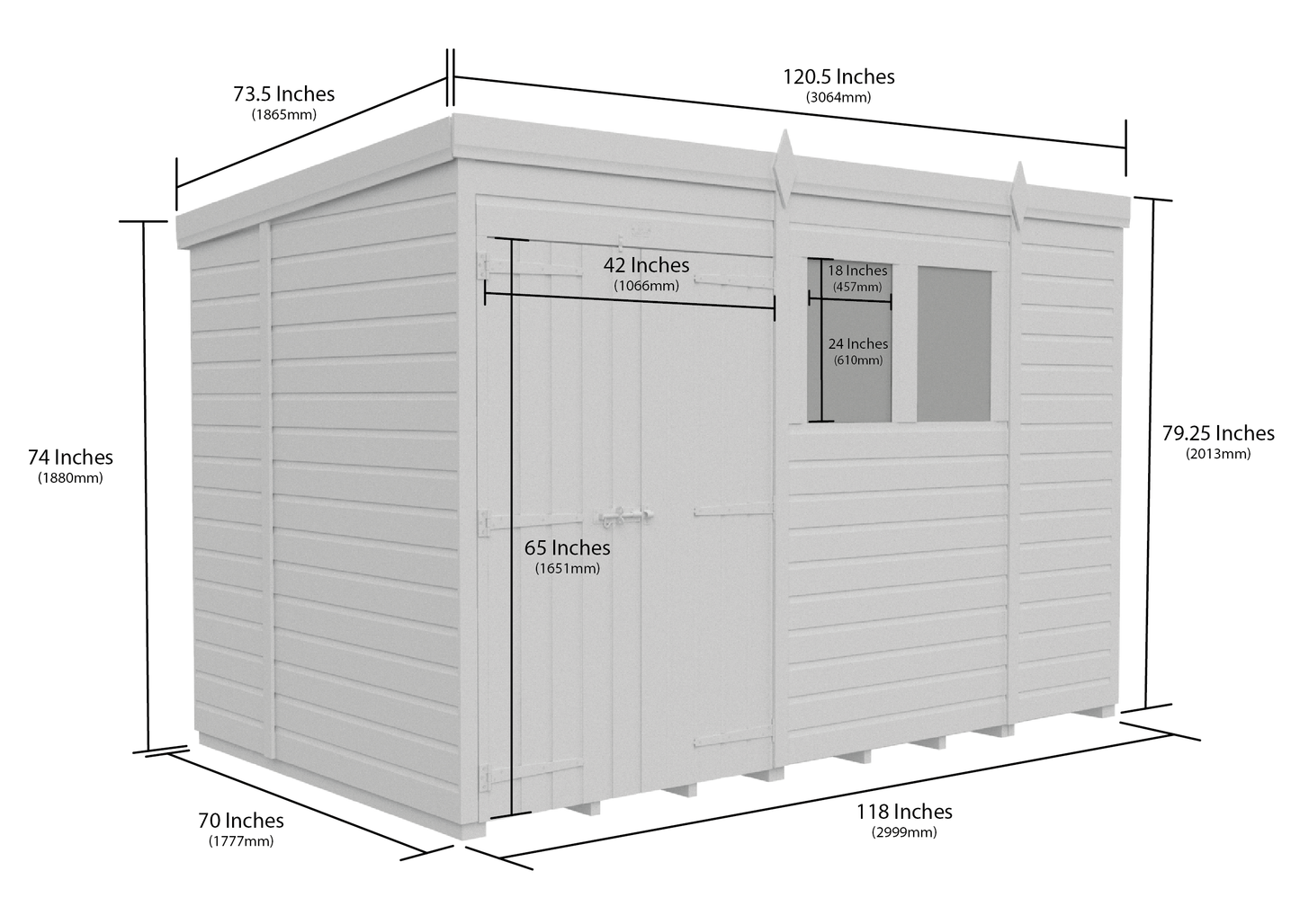 10 x 6 Pent Shed (Double Door, With Windows) - view 3