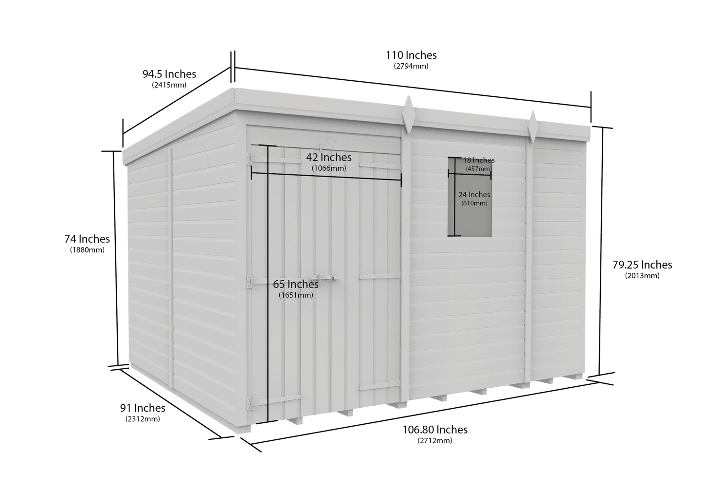 9 x 8 Pent Shed (Double Door, With Windows) - Pent Shed