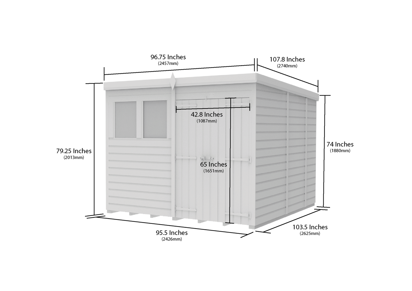 8 x 9 Pent Shed (Double Door, With Windows) - view 3