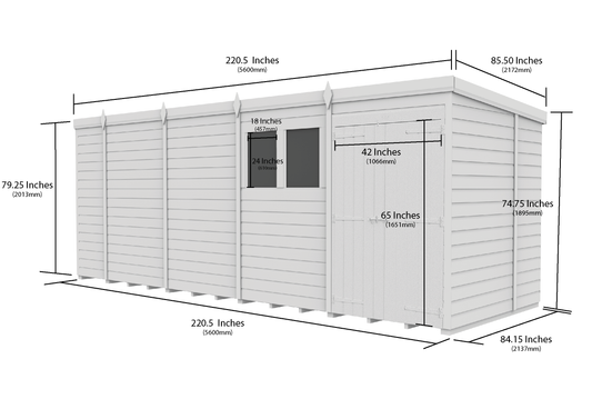 19 x 7 Pent Shed (Double Door, With Windows) - Pent Shed