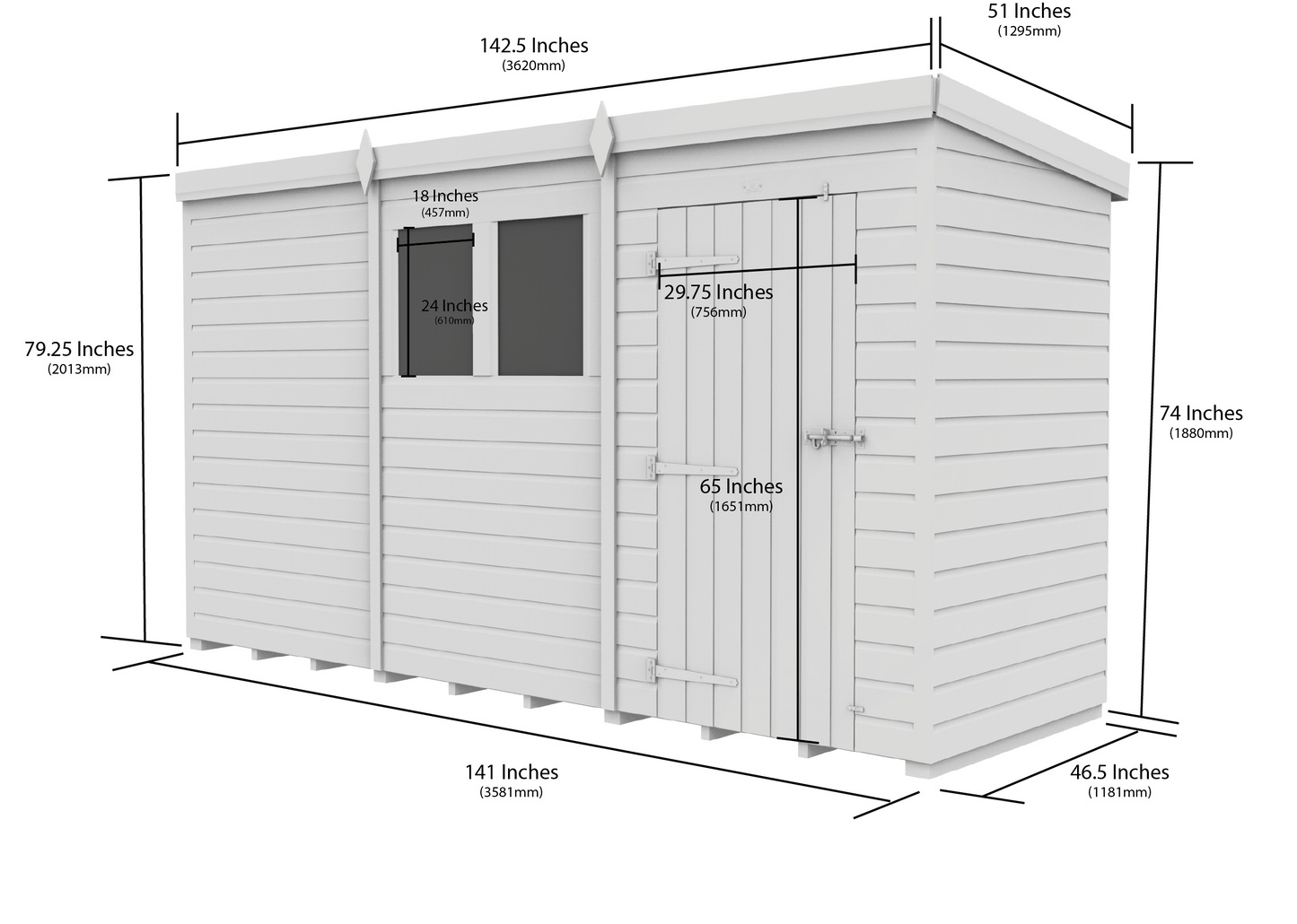 12 x 4 Pent Shed (Double Door, No Windows) - view 3
