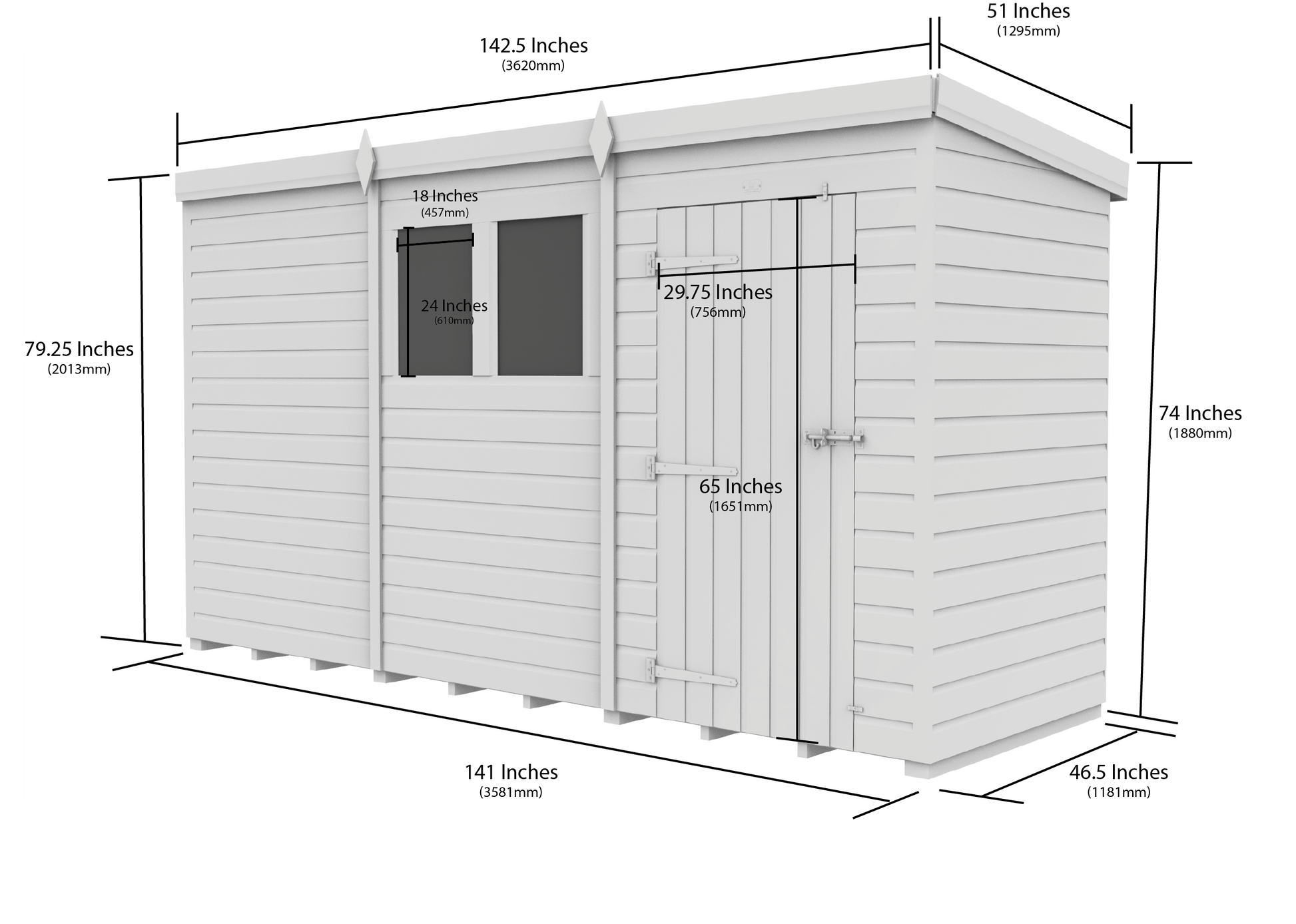 12 x 4 Pent Shed (Double Door, No Windows) - view 3