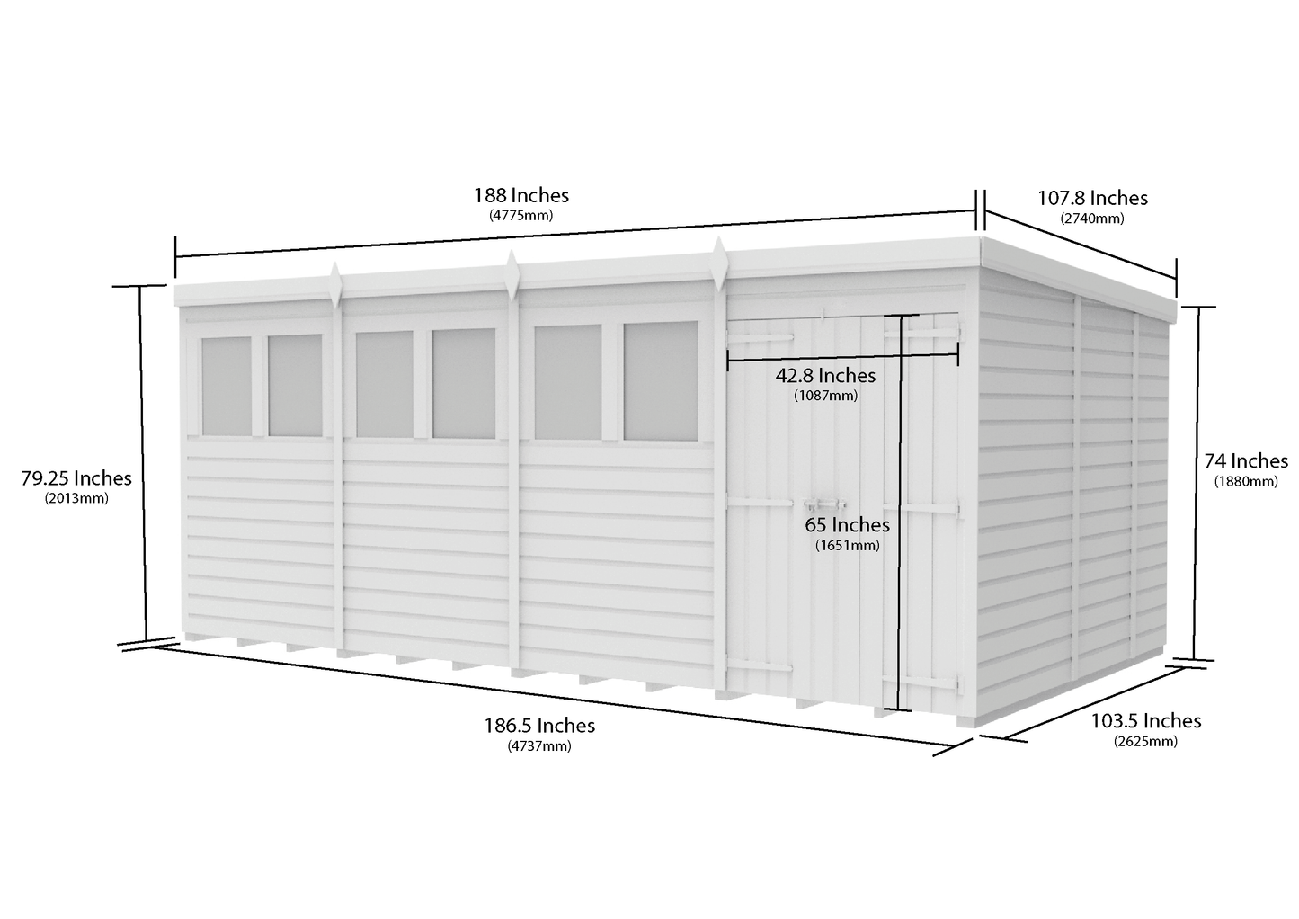 16 x 9 Pent Shed (Double Door, With Windows) - view 3