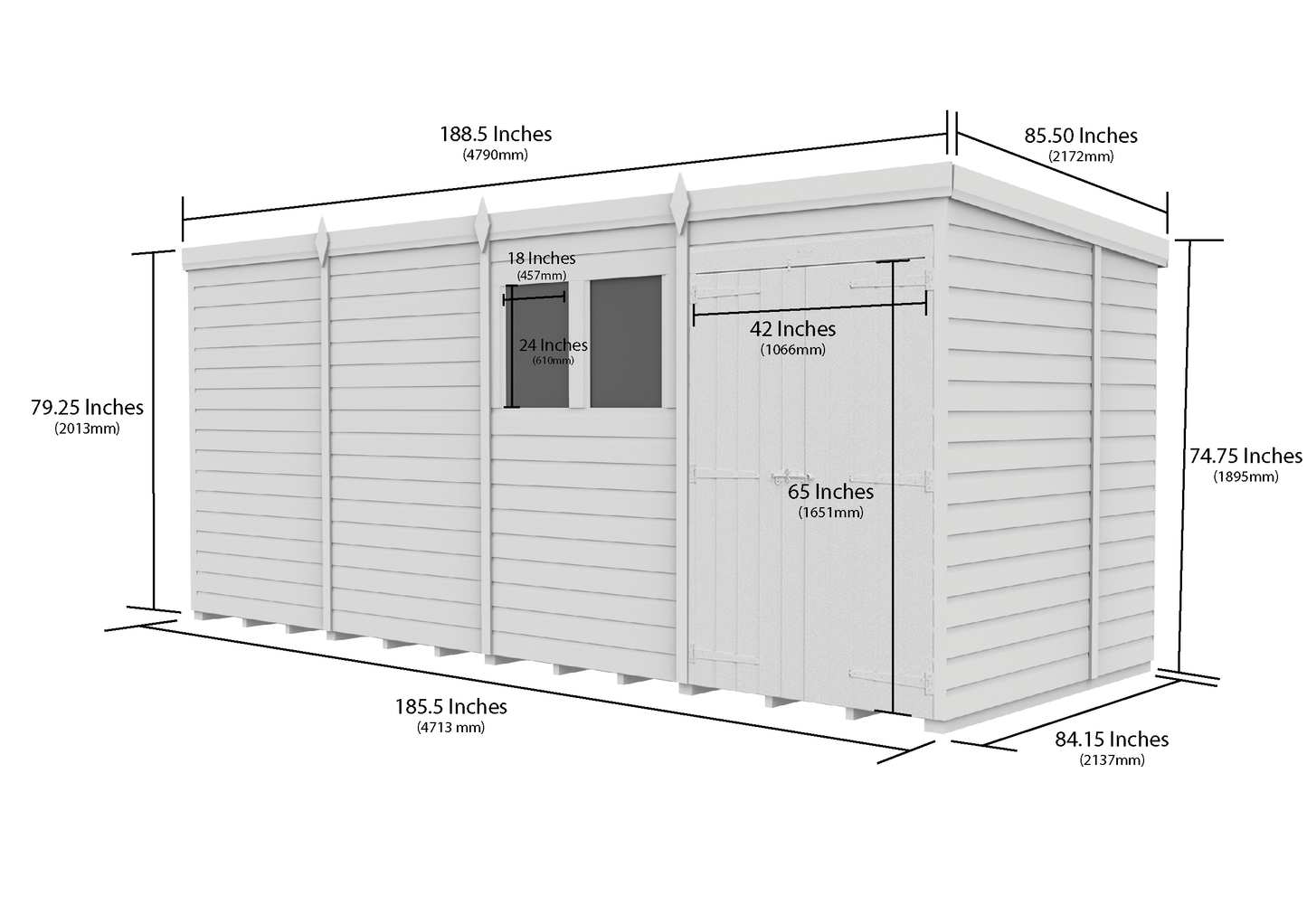 16 x 7 Pent Shed (Double Door, With Windows) - Pent Shed