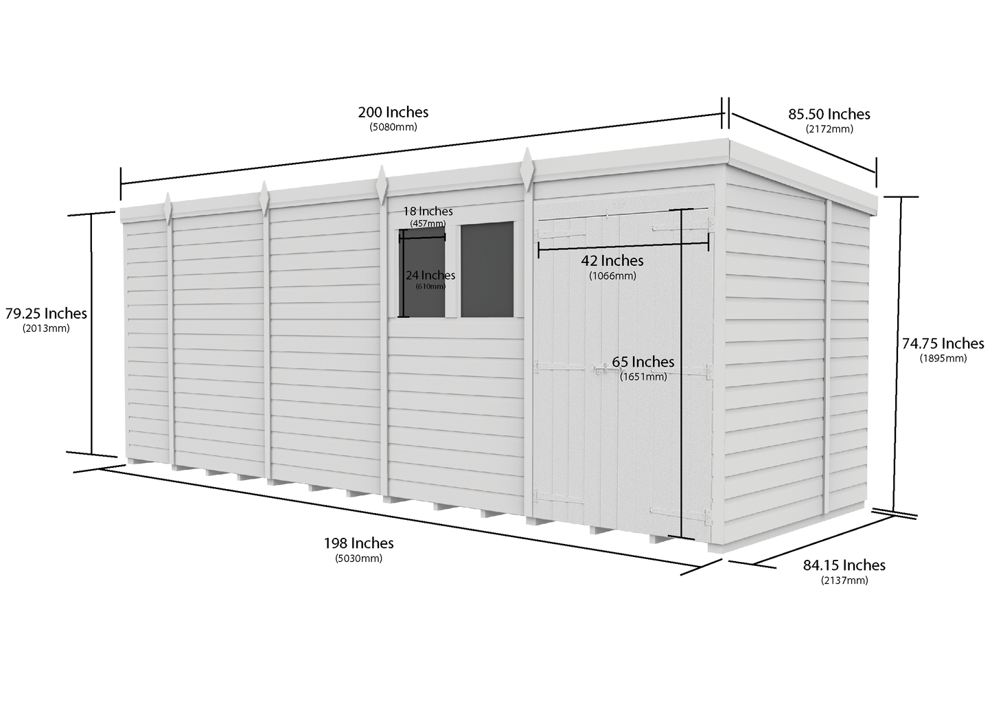 17 x 7 Pent Shed (Double Door, With Windows) - Pent Shed