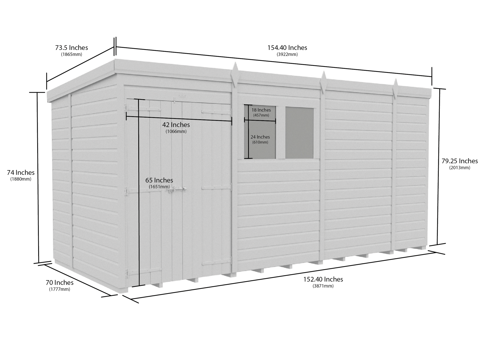 13 x 6 Pent Shed (Double Door, With Windows) - view 4