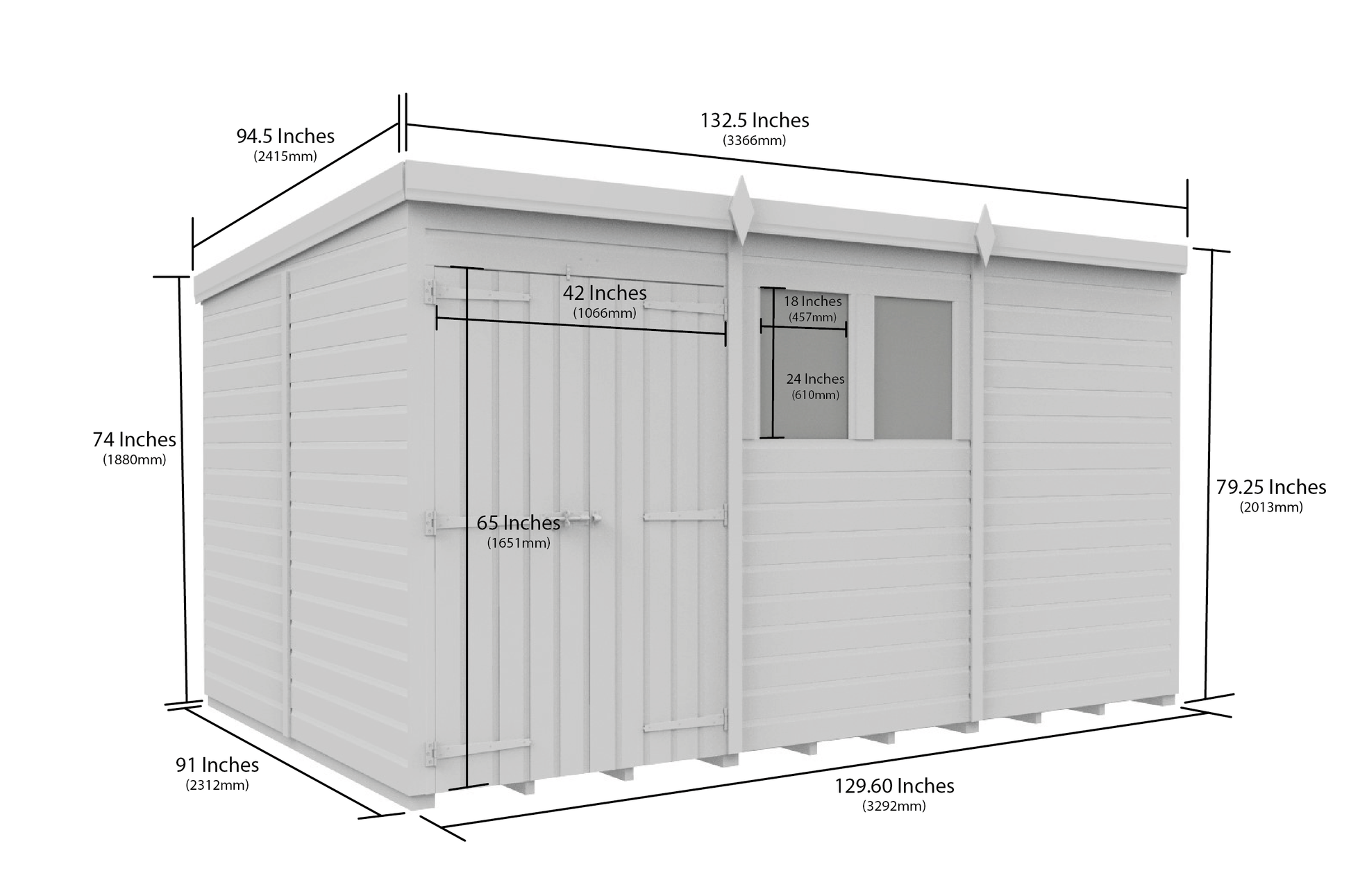 11 x 8 Pent Shed (Double Door, With Windows) - view 2