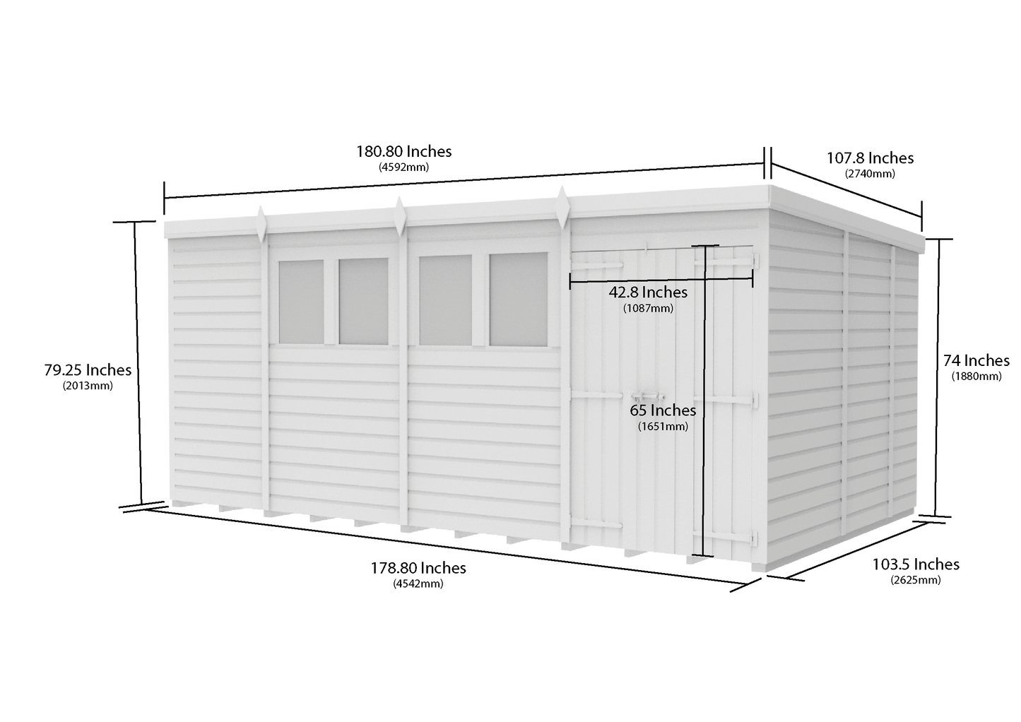 15 x 9 Pent Shed (Double Door, With Windows) - view 4