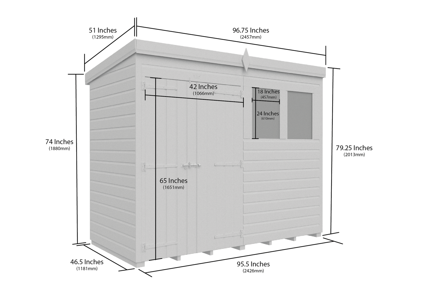 8 x 4 Pent Shed (Double Door, With Windows) - view 2