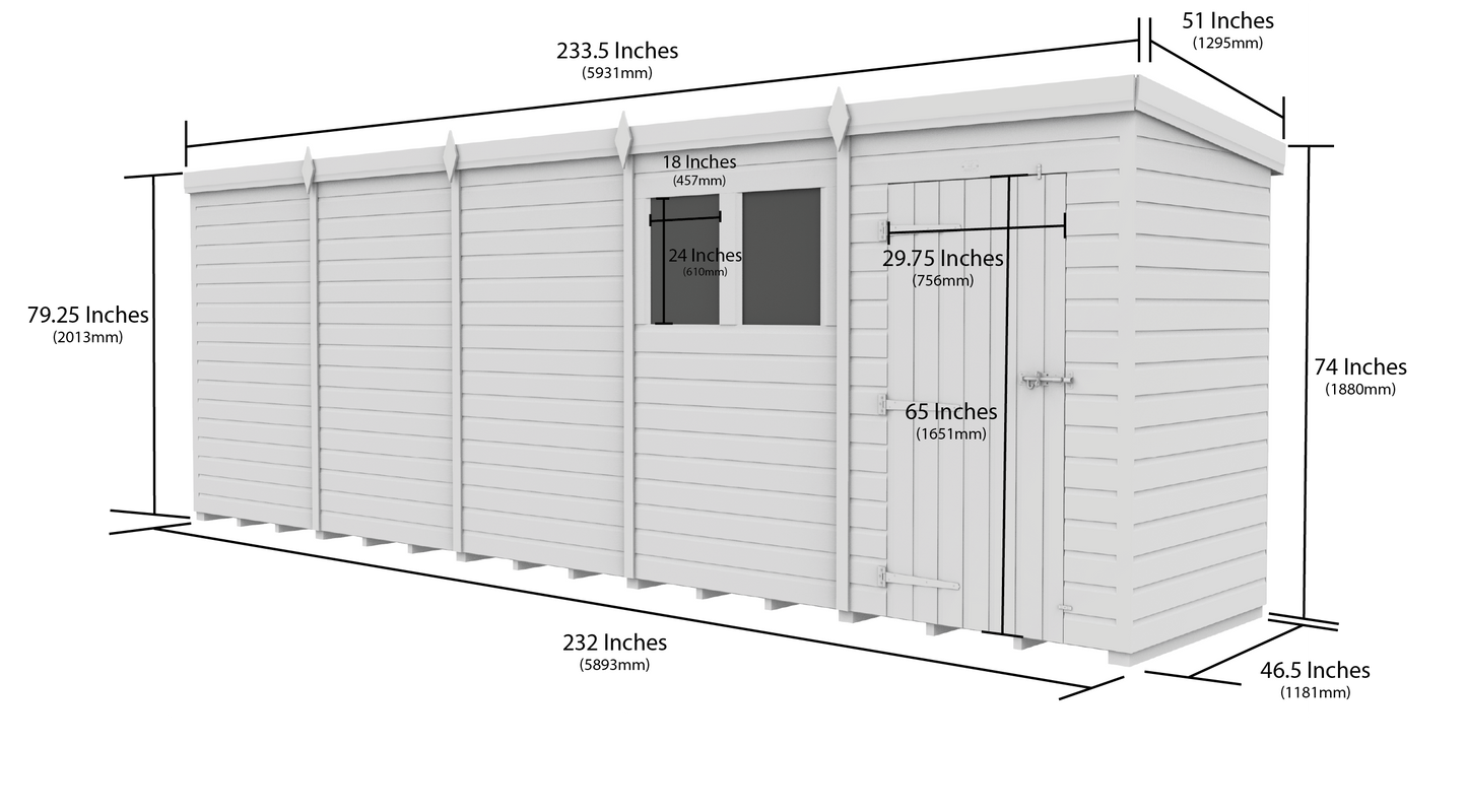 20 x 4 Pent Shed (Single Door, With Windows) - view 3