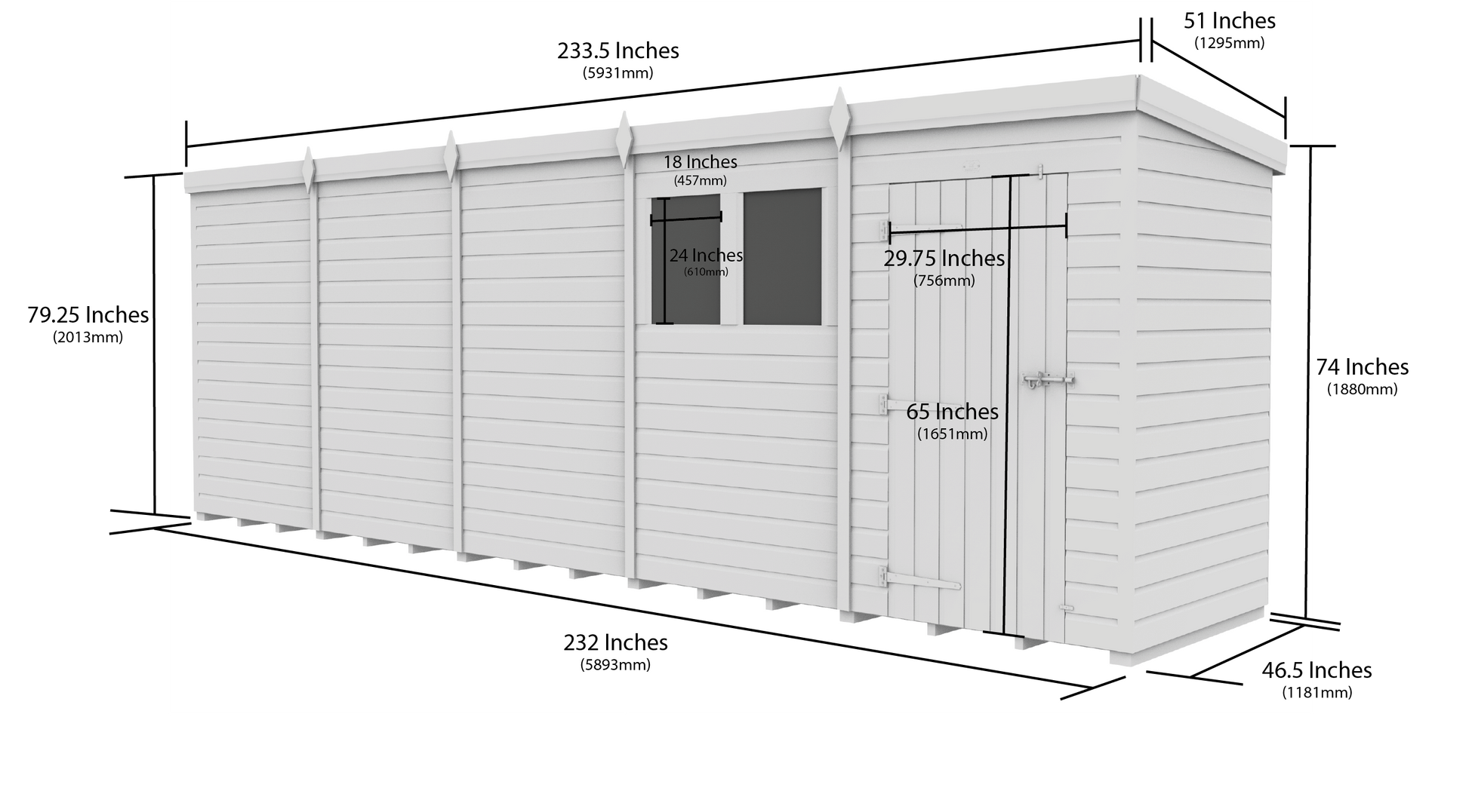 20 x 4 Pent Shed (Single Door, With Windows) - view 3