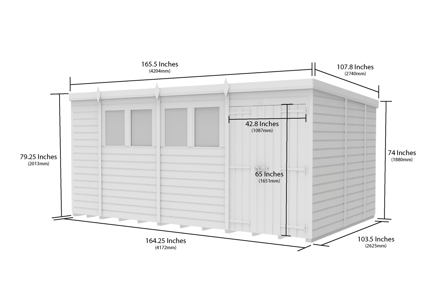 14 x 9 Pent Shed (Double Door, With Windows) - view 3