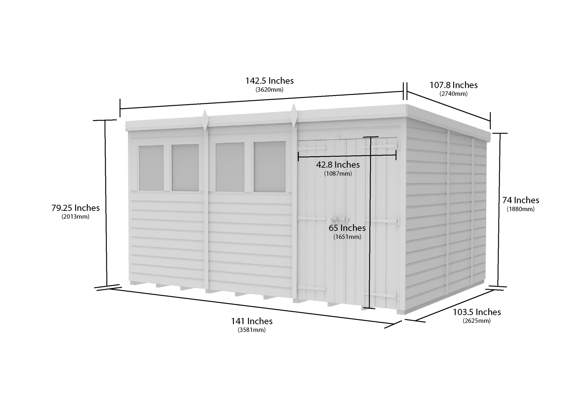 12 x 9 Pent Shed (Double Door, With Windows) - view 6