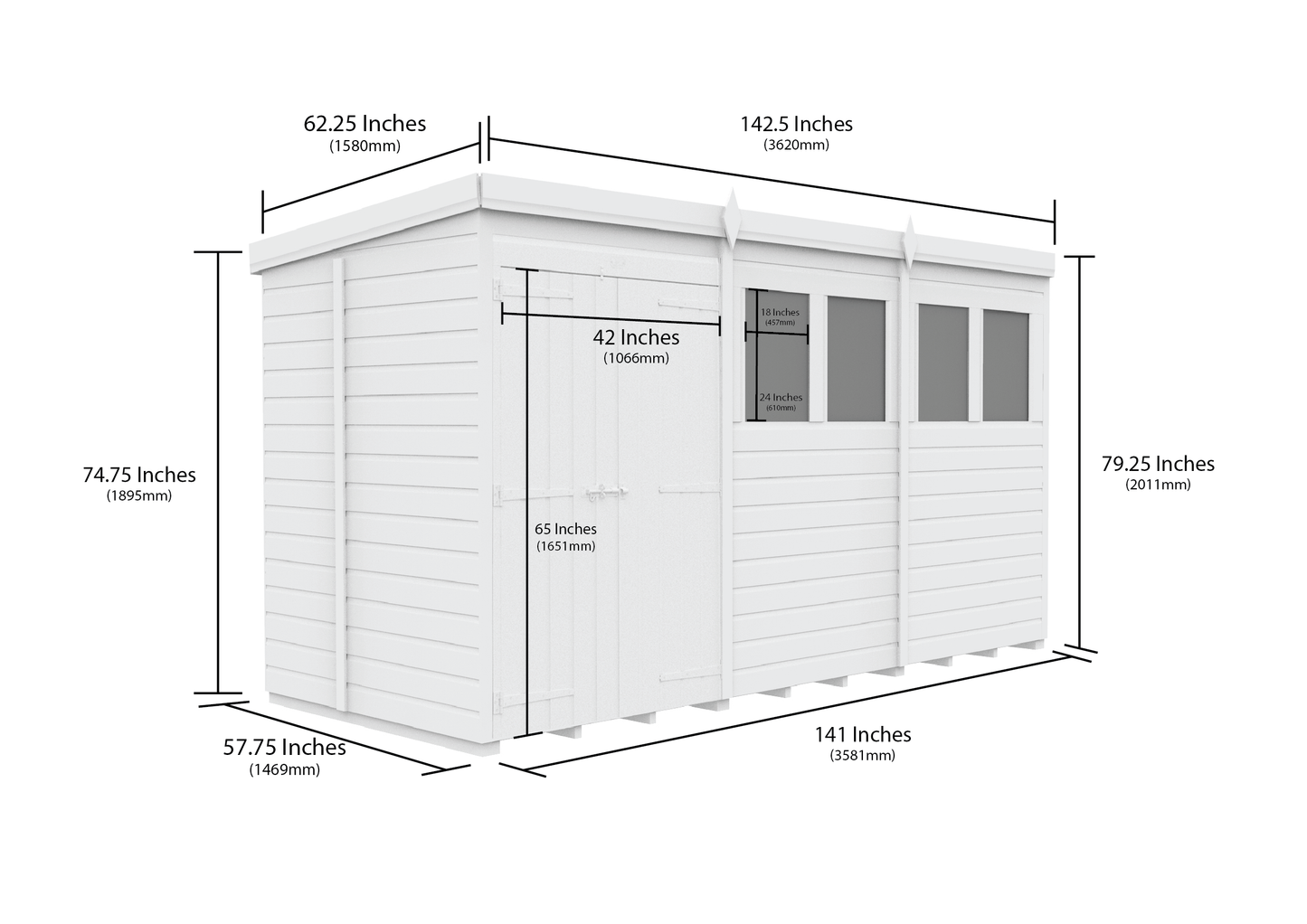 12 x 5 Pent Shed (Double Door, With Windows) - view 2