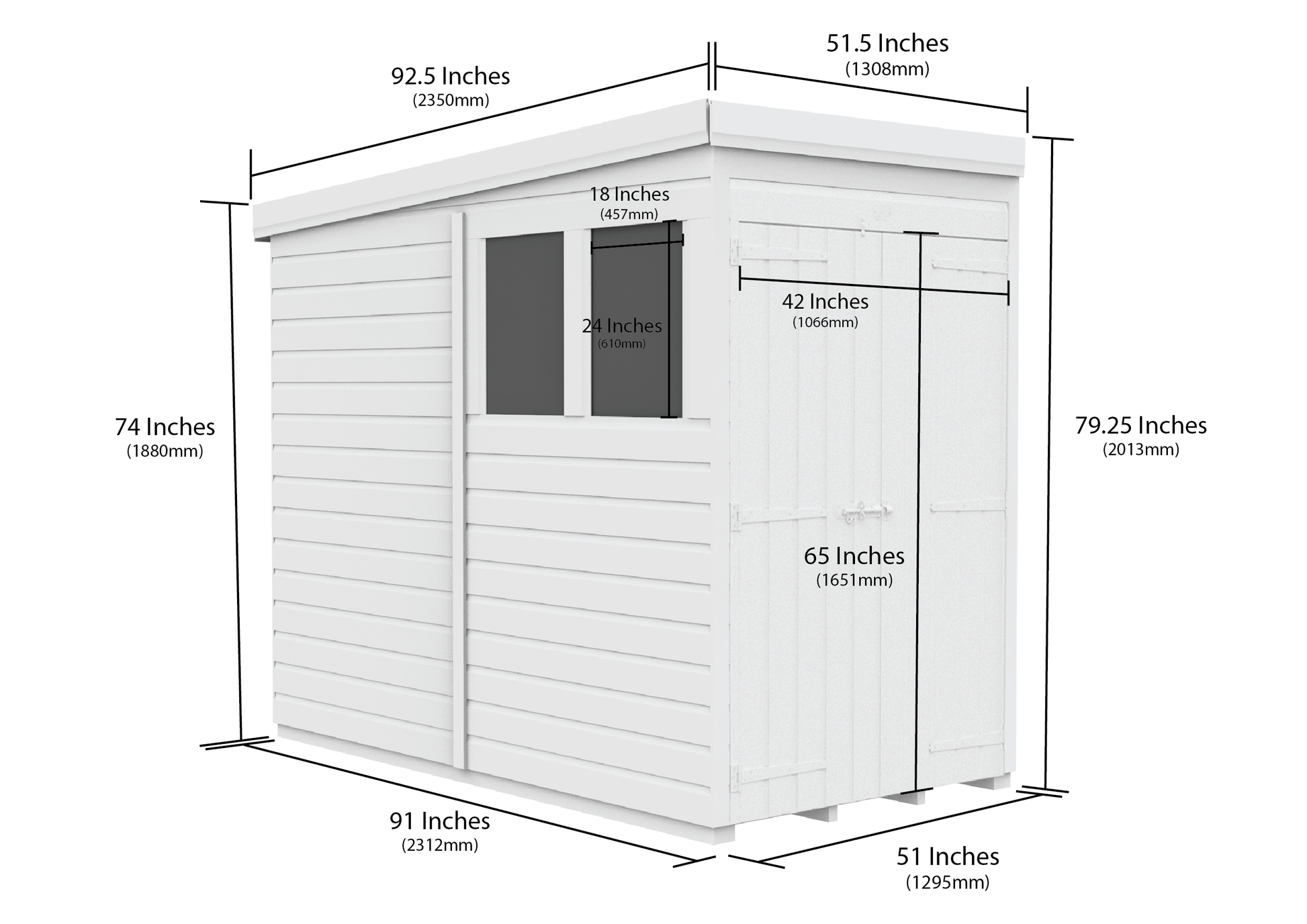 4 x 8 Pent Shed (Double Door, With Windows) - Pent Shed