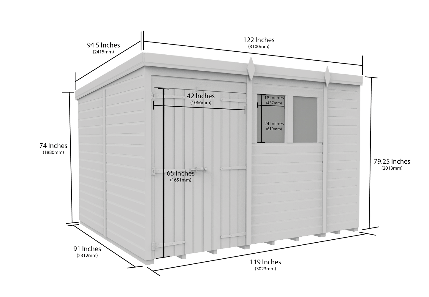 10 x 8 Pent Shed (Double Door, With Windows) - view 3