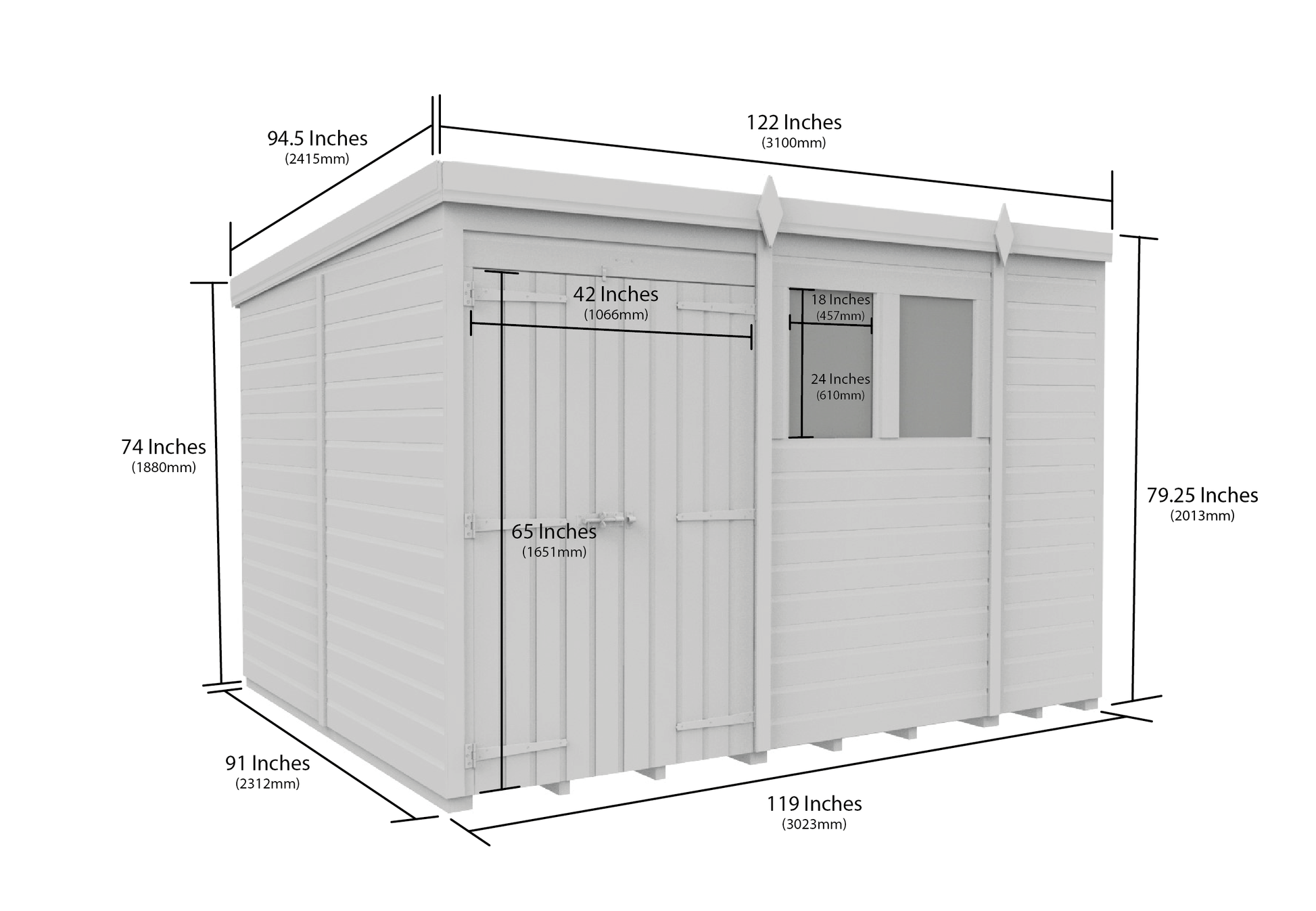 10 x 8 Pent Shed (Double Door, With Windows) - view 3