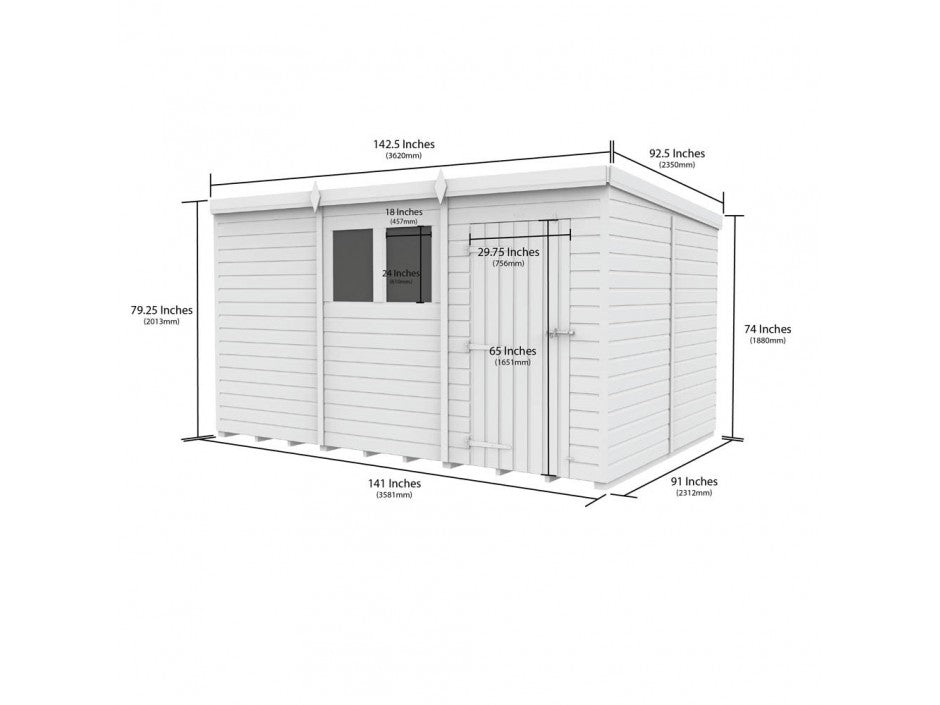 12 x 8 Pent Shed (Single Door, No Windows) - view 2