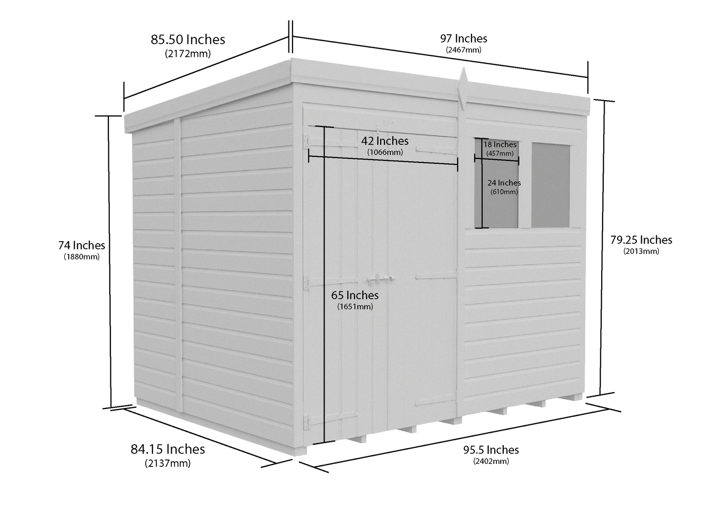 8 x 7 Pent Shed (Double Door, With Windows) - Pent Shed