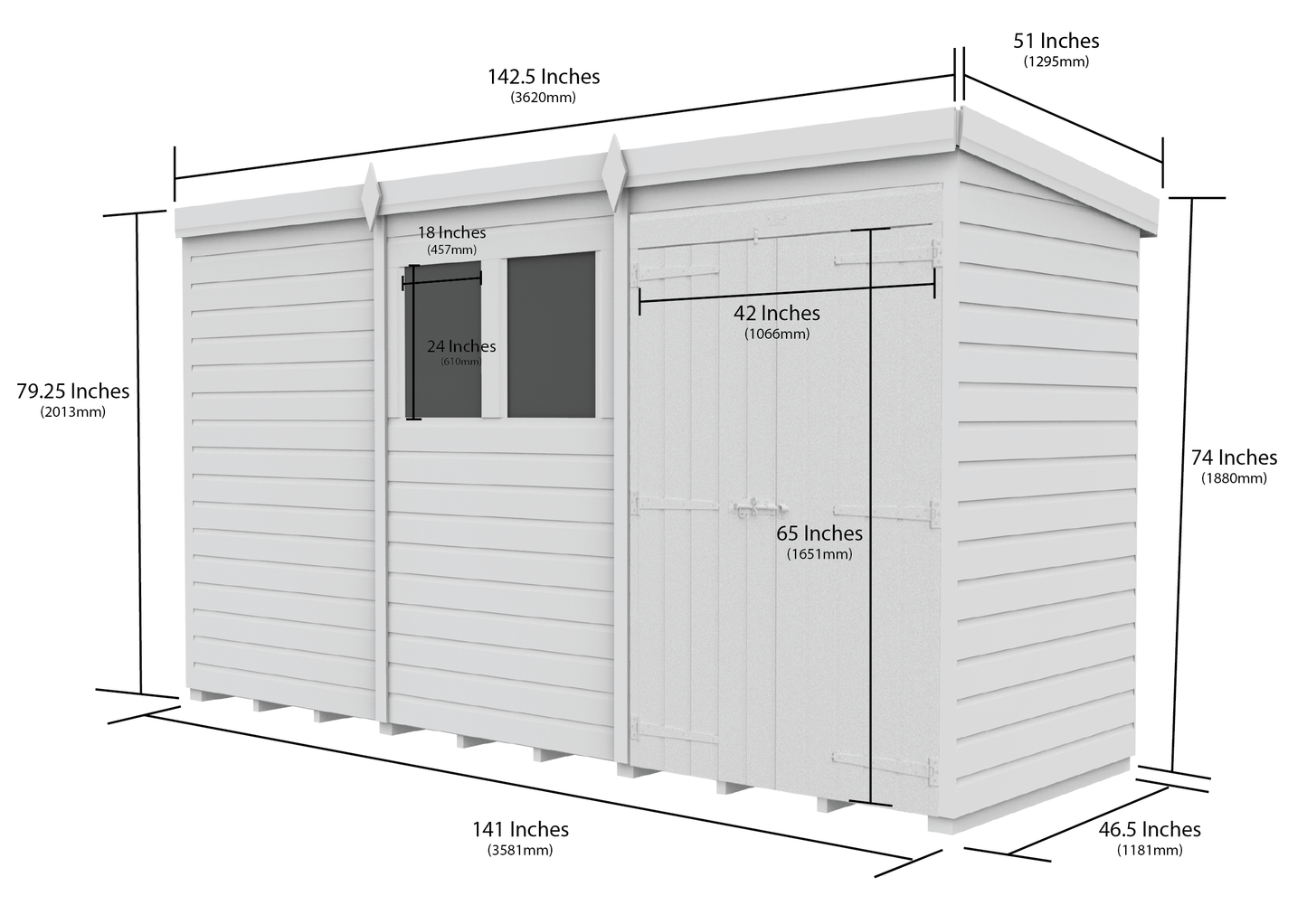 12 x 4 Pent Shed (Double Door, With Windows) - view 2