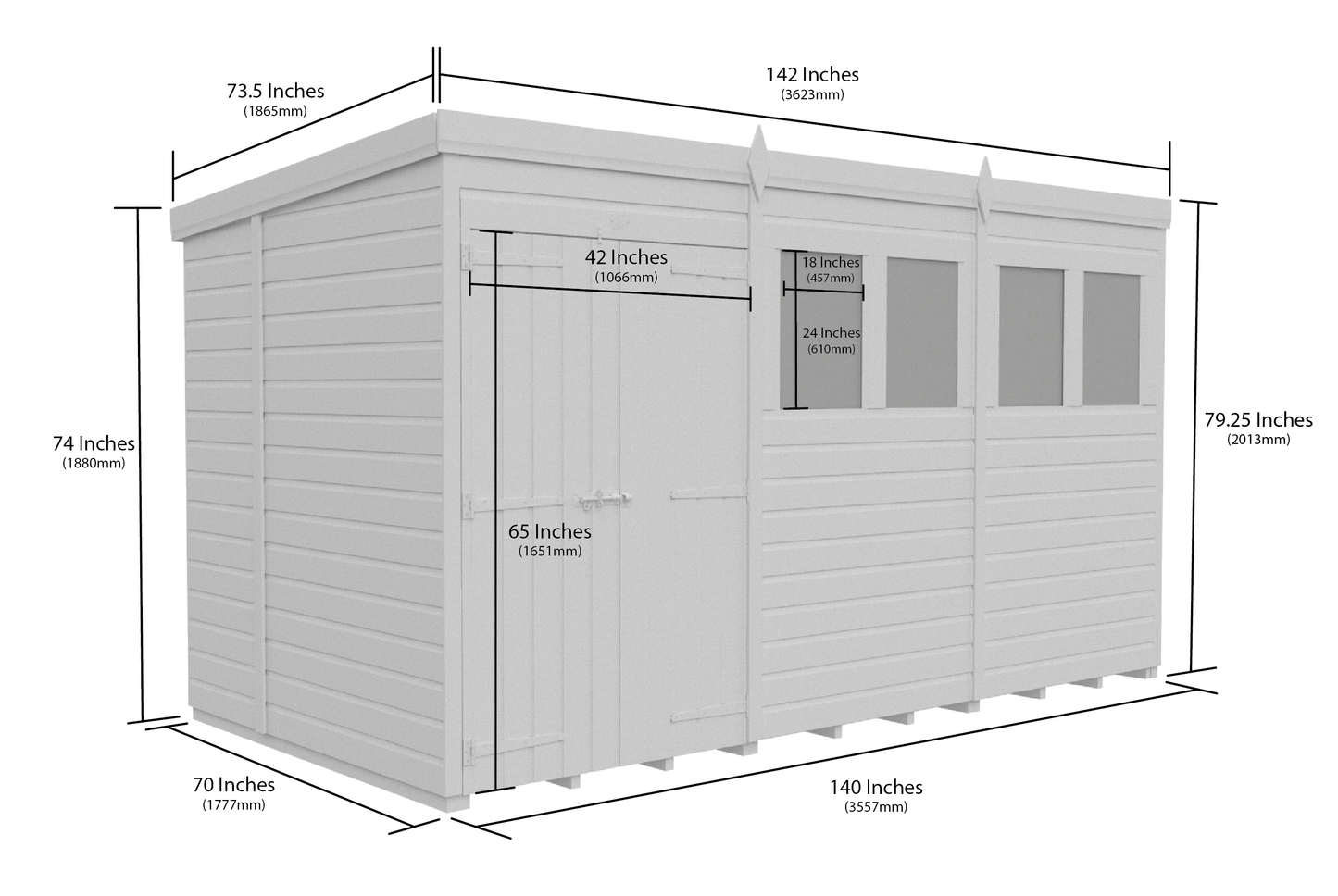 12 x 6 Pent Shed (Double Door, With Windows) - view 3