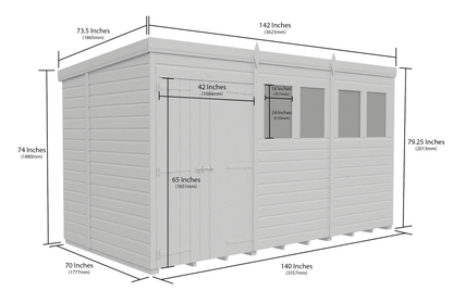 12 x 6 Pent Shed (Double Door, With Windows) - view 3