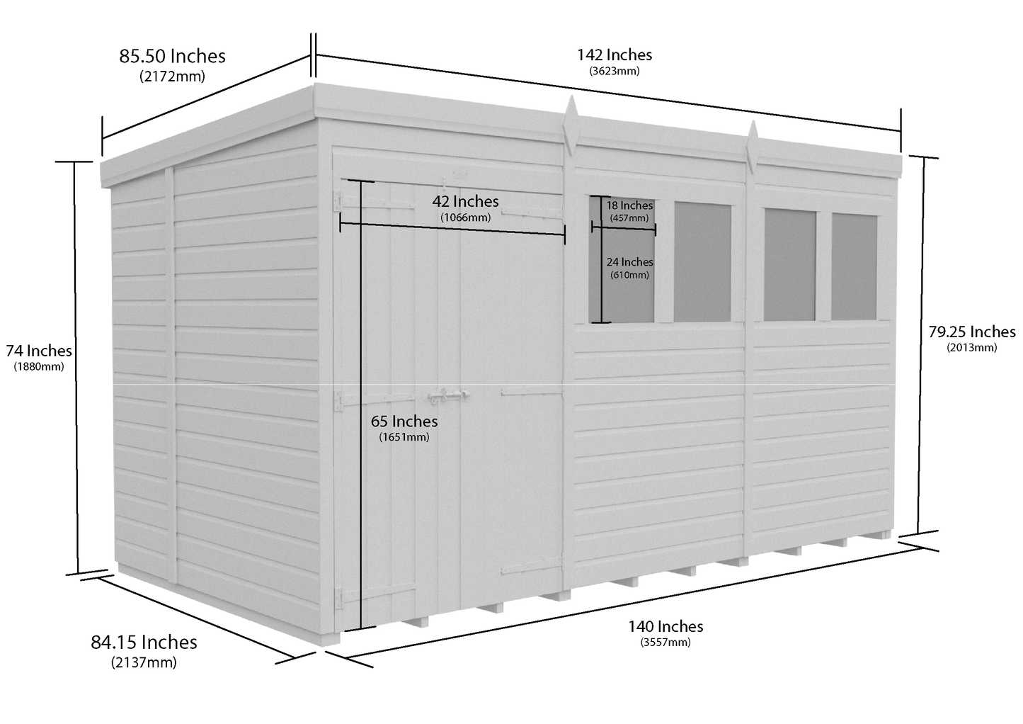12 x 7 Pent Shed (Double Door, With Windows) - Pent Shed