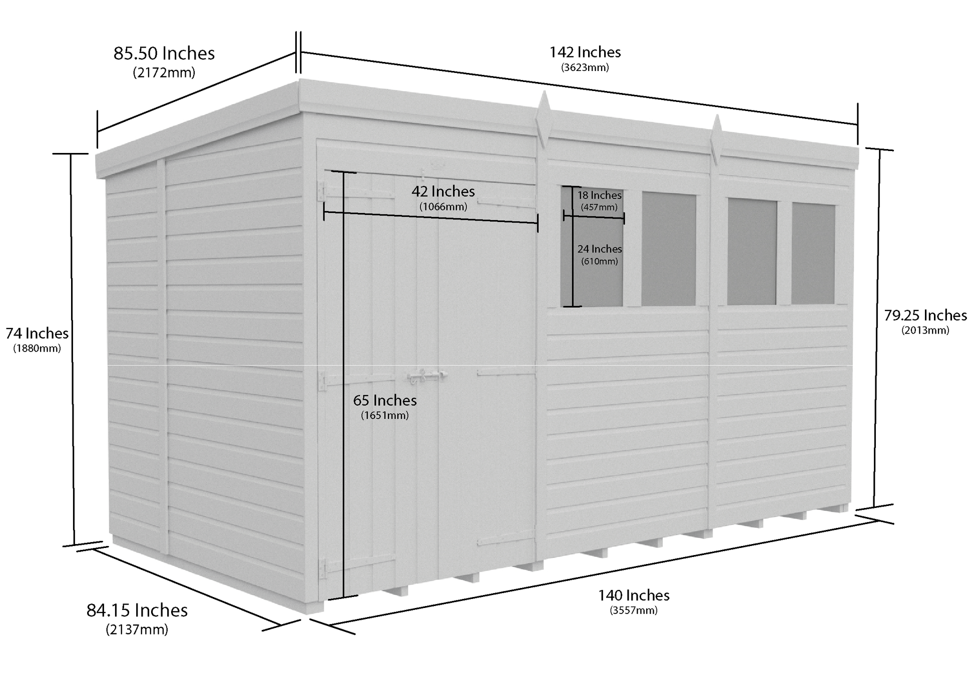 12 x 7 Pent Shed (Double Door, With Windows) - Pent Shed