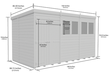12 x 7 Pent Shed (Double Door, With Windows) - Pent Shed