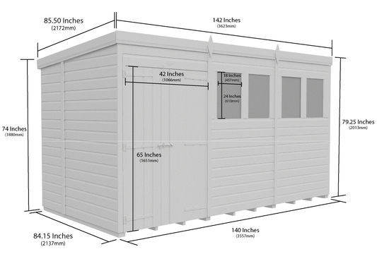 12 x 7 Pent Shed (Double Door, With Windows) - Pent Shed