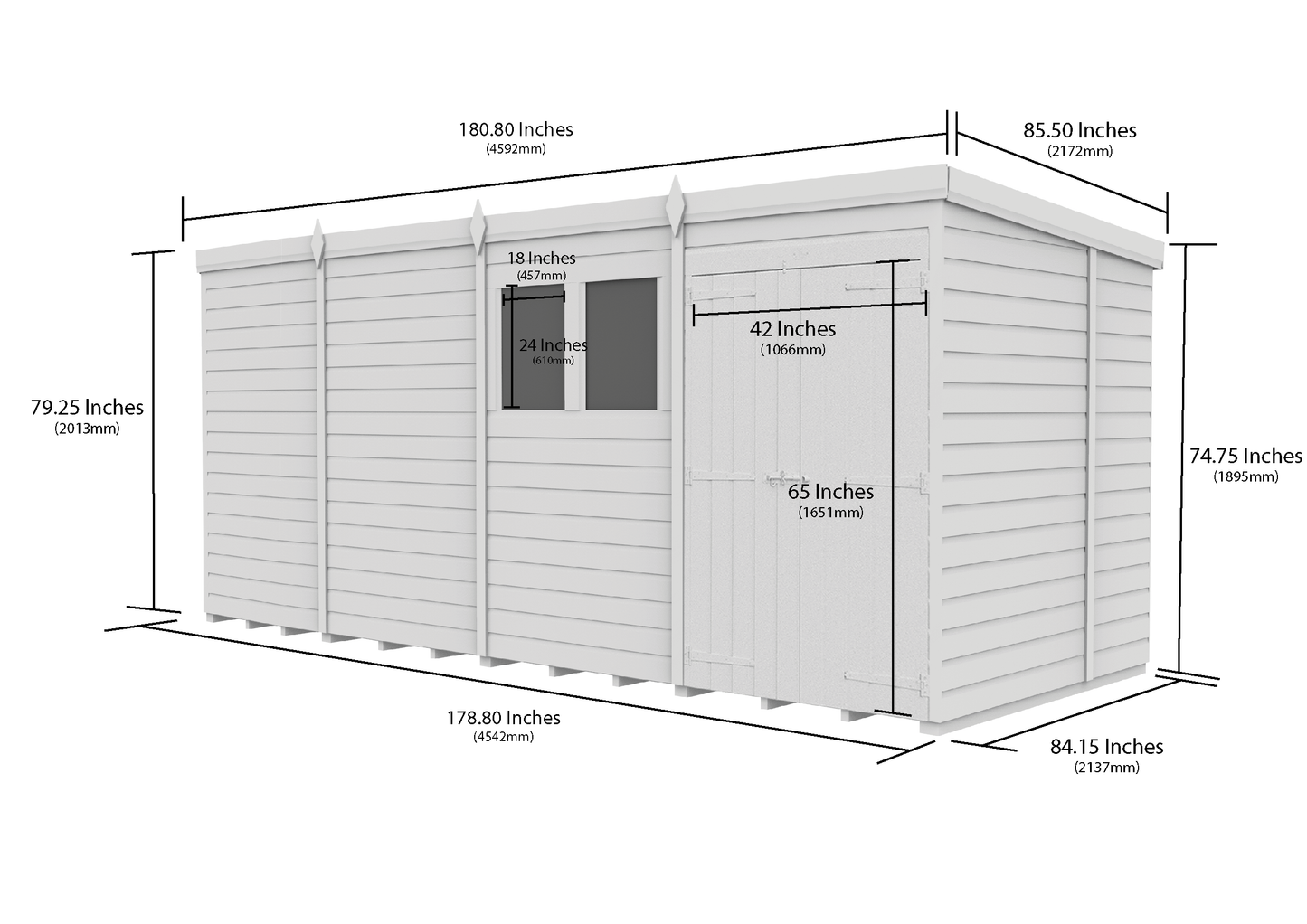 15 x 7 Pent Shed (Double Door, With Windows) - Pent Shed