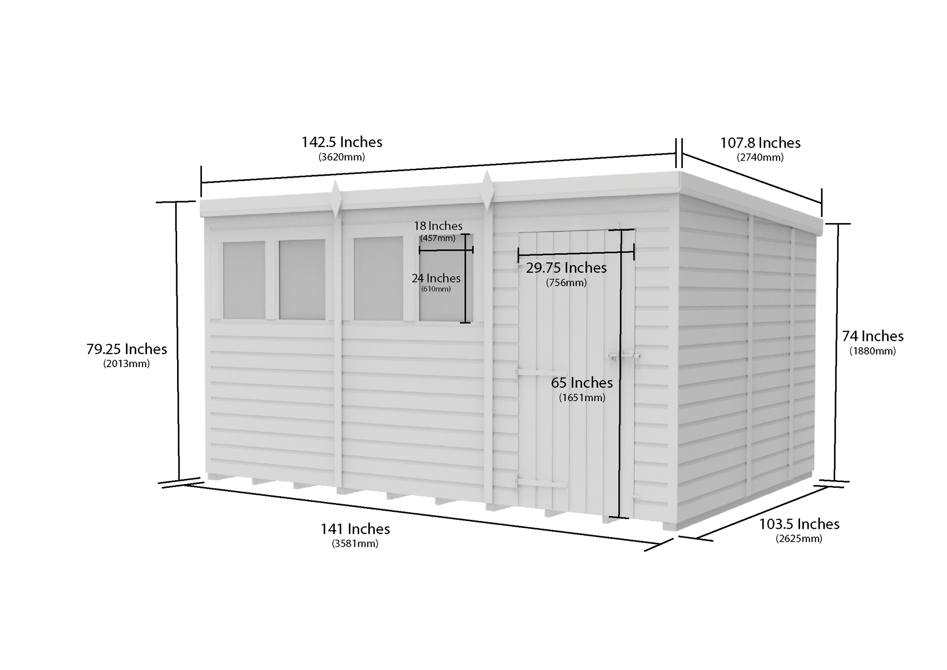 12 x 9 Pent Shed (Single Door, With Windows) - view 3