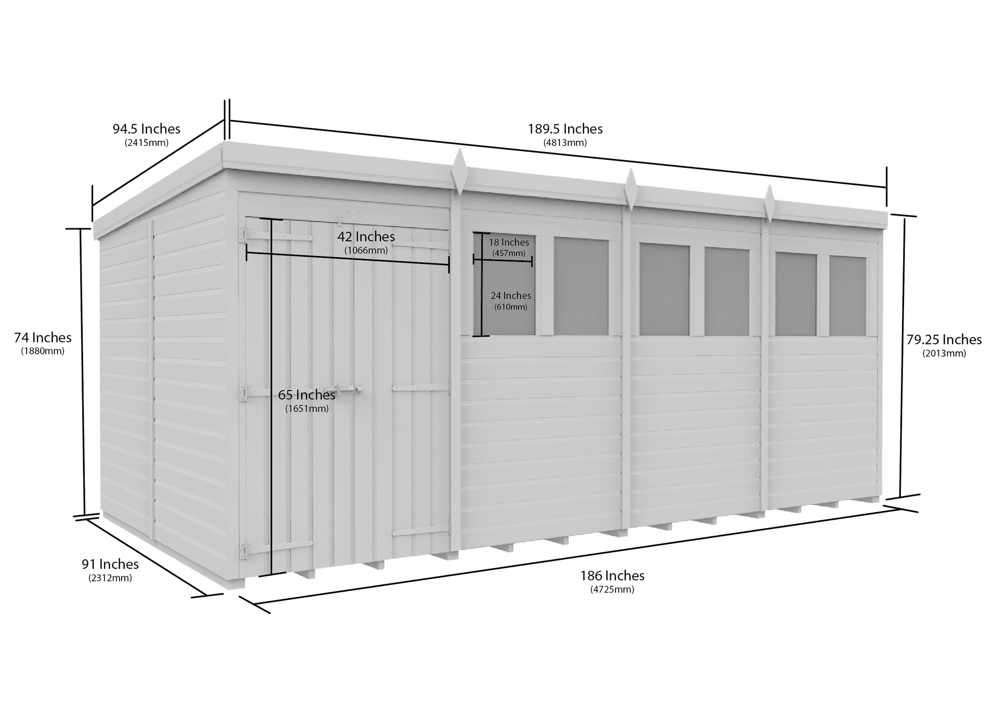 16 x 8 Pent Shed (Double Door, With Windows) - view 3