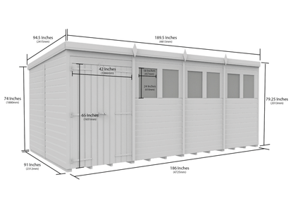 16 x 8 Pent Shed (Double Door, With Windows) - view 3
