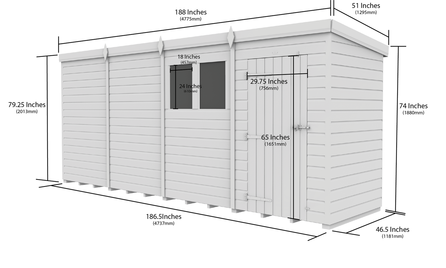 16 x 4 Pent Shed (Single Door, With Windows) - view 3