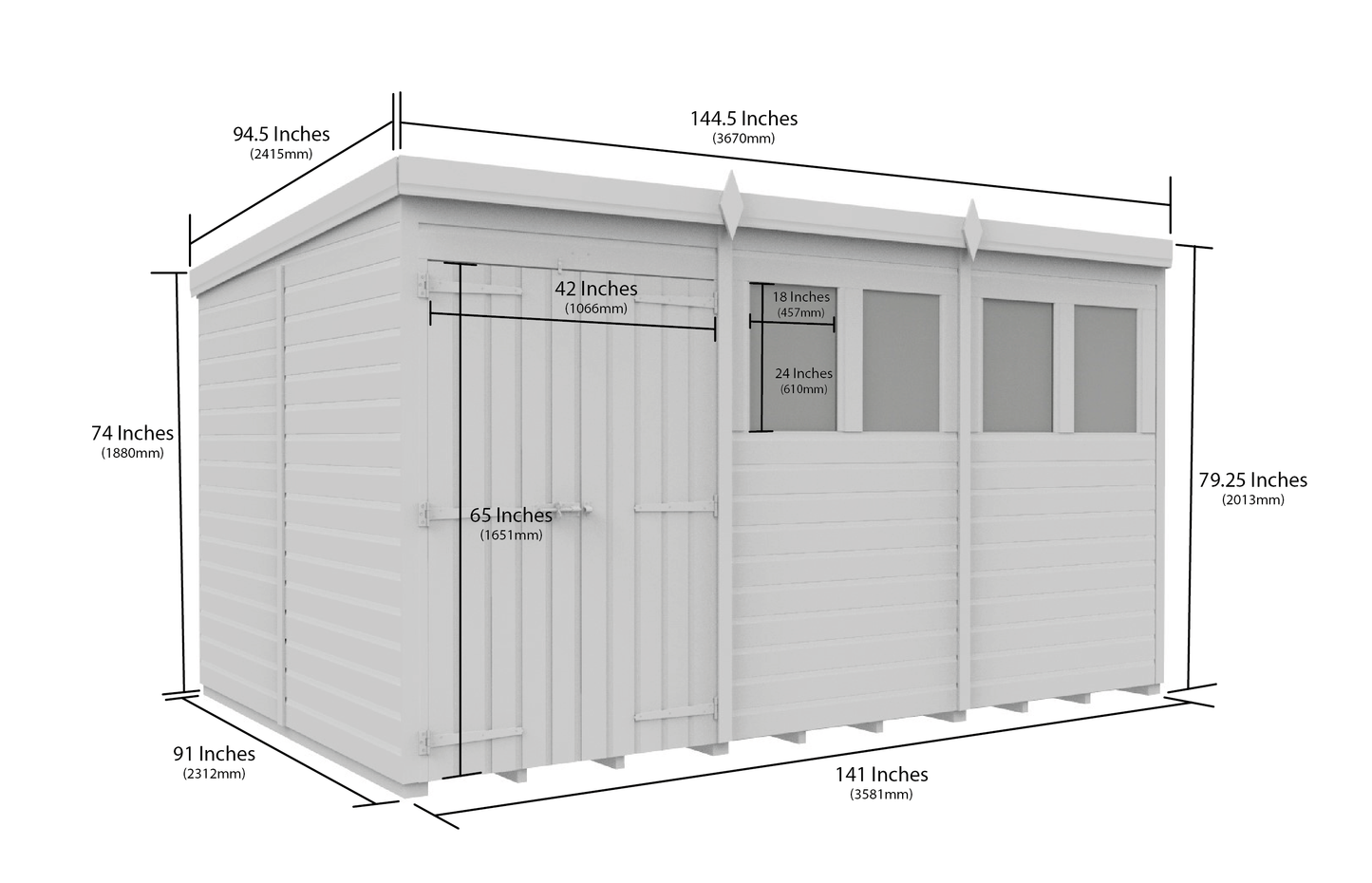 12 x 8 Pent Shed (Double Door, With Windows) - view 3