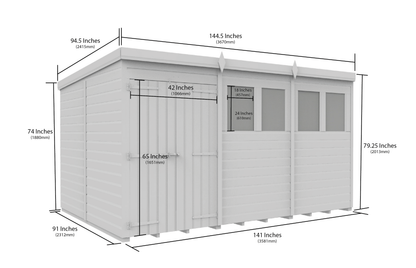 12 x 8 Pent Shed (Double Door, With Windows) - view 3