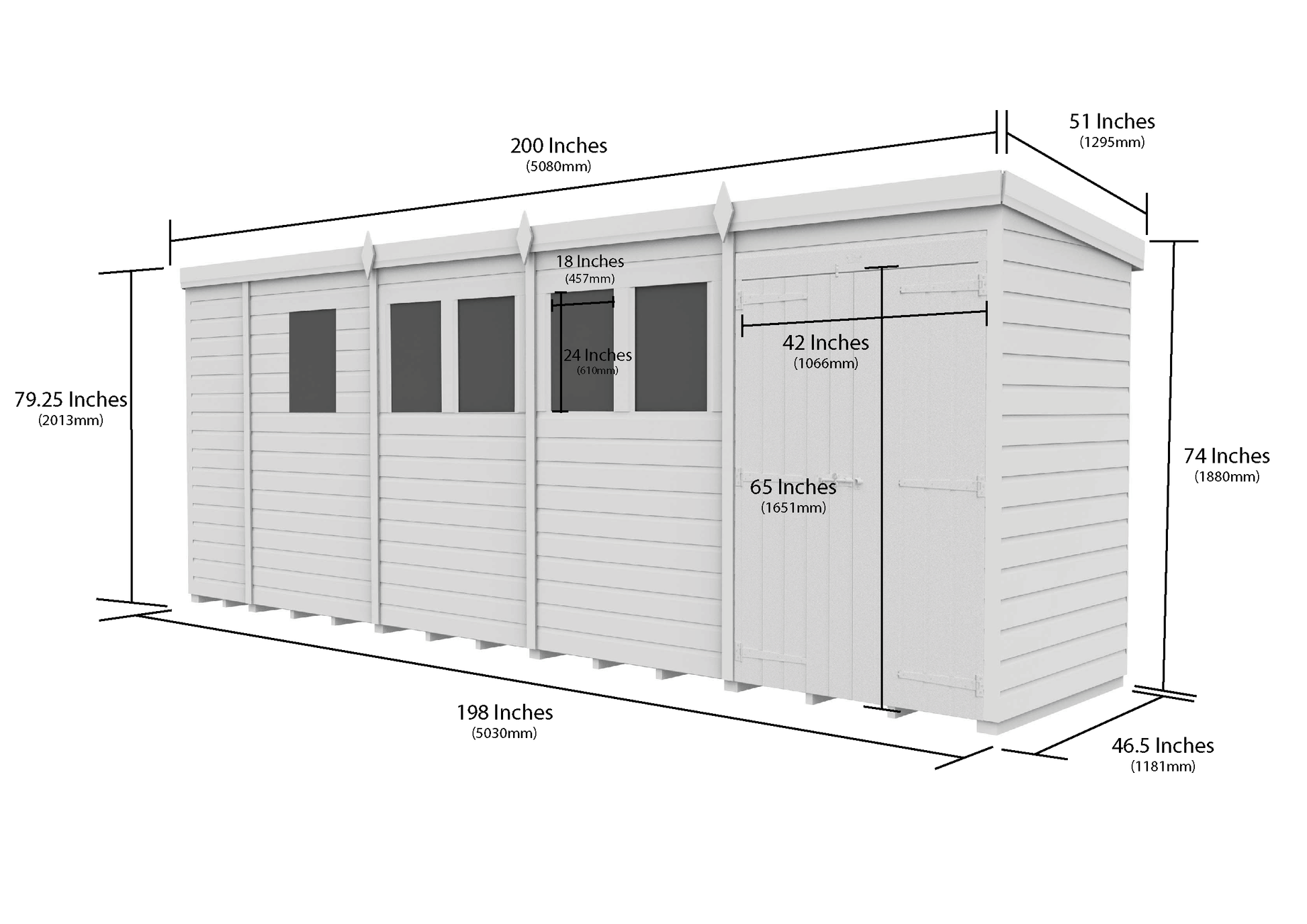 17 x 4 Pent Shed (Double Door, With Windows) - view 2