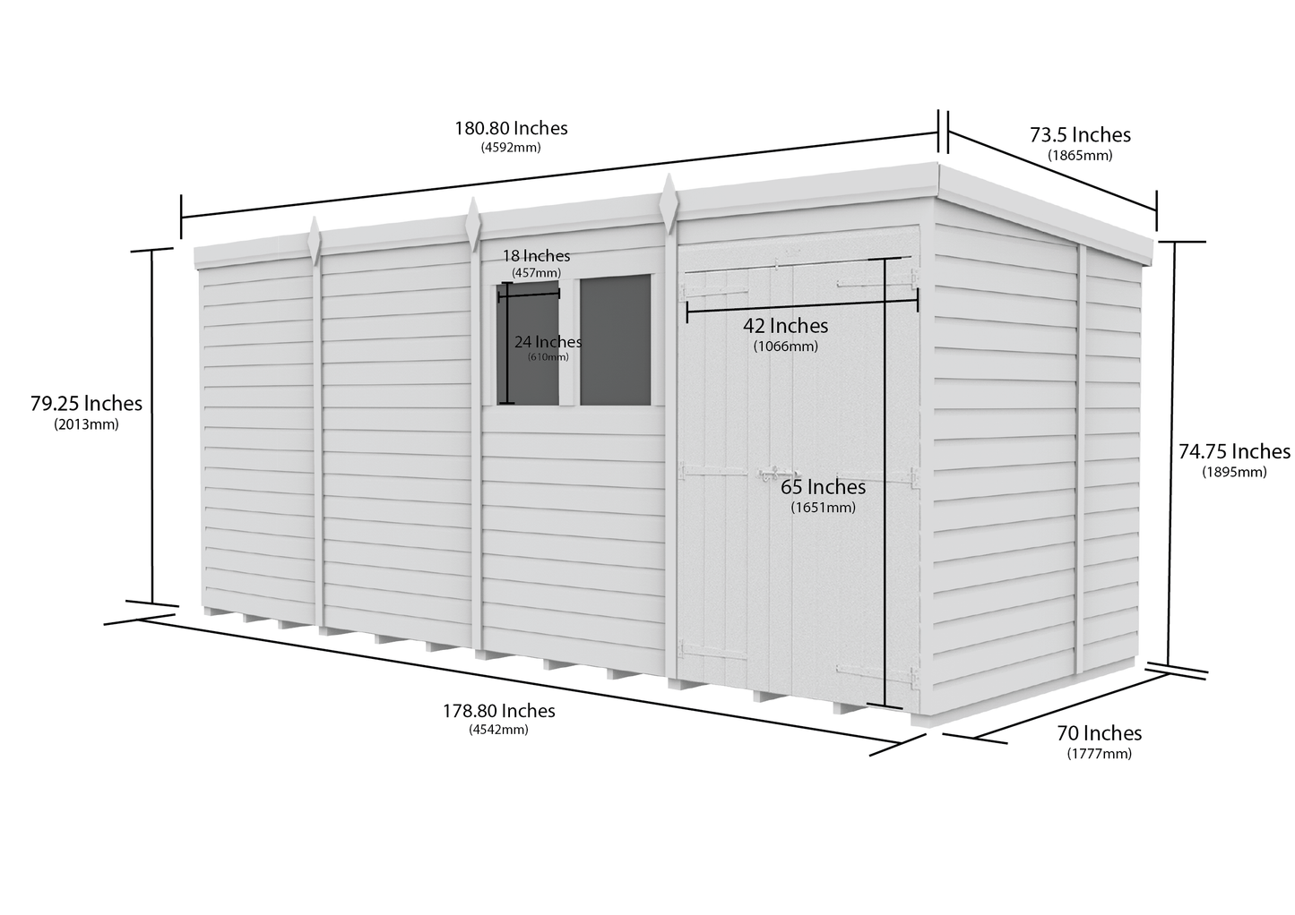 15 x 6 Pent Shed (Double Door, With Windows) - view 2