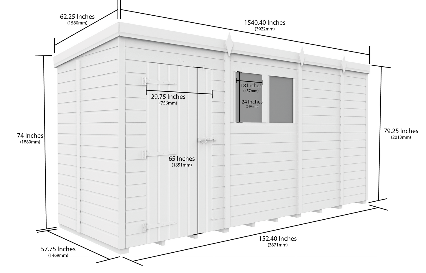 13 x 5 Pent Shed (Double Door, With Windows) - Pent Shed
