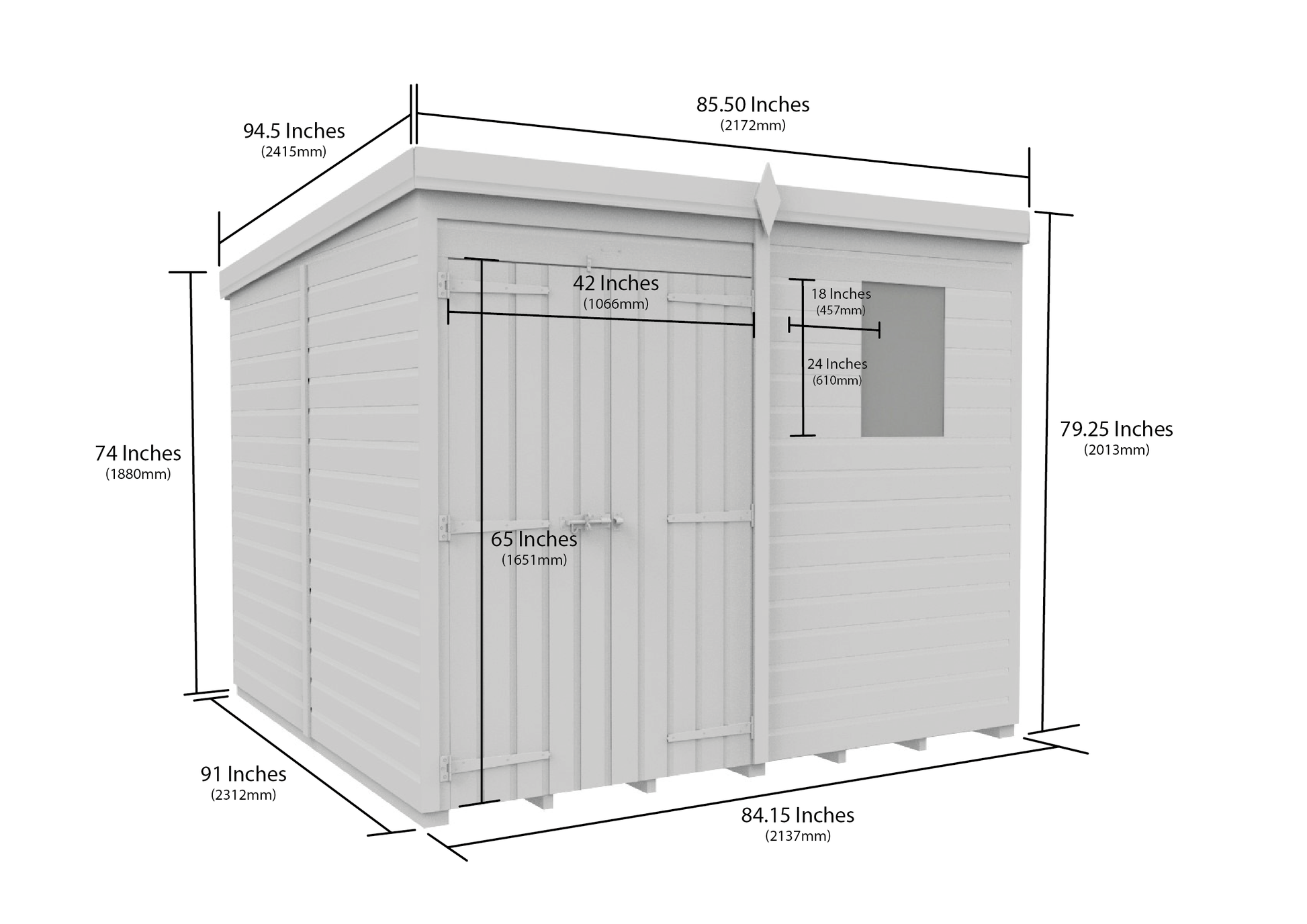 7 x 8 Pent Shed (Double Door, With Windows) - Pent Shed