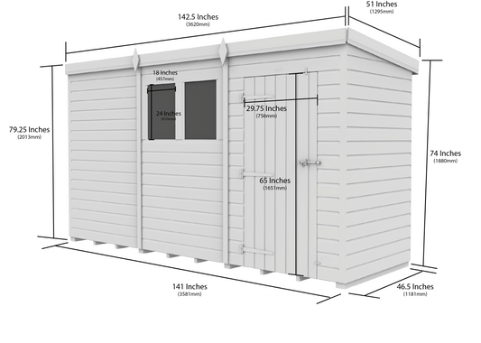 12 x 4 Pent Shed (Single Door, No Windows) - Pent Shed