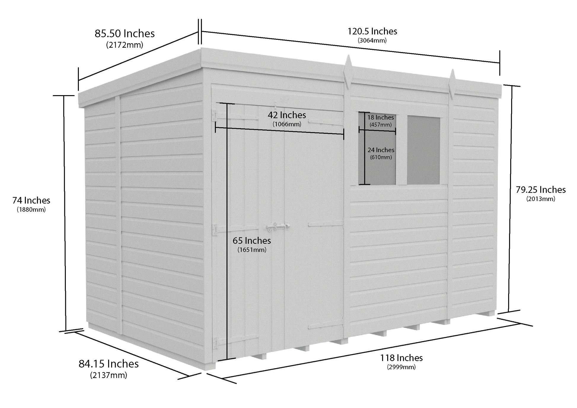 10 x 7 Pent Shed (Double Door, With Windows) - Pent Shed