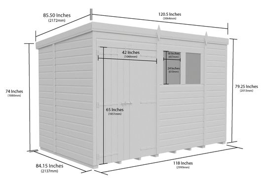 10 x 7 Pent Shed (Double Door, With Windows) - Pent Shed